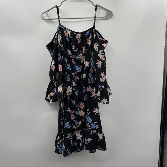 H&M Divided‎ Black Multicolor Floral Cold Shoulder Long Bell Sleeve Mini Dress 4 - Picture 4 of 8